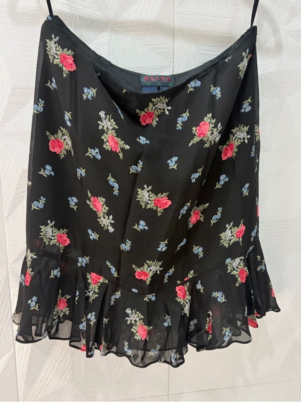 Vintage RALPH LAUREN Black Pink Blue Floral Ruffle Skirt  Size 10 Lined - Picture 4 of 9